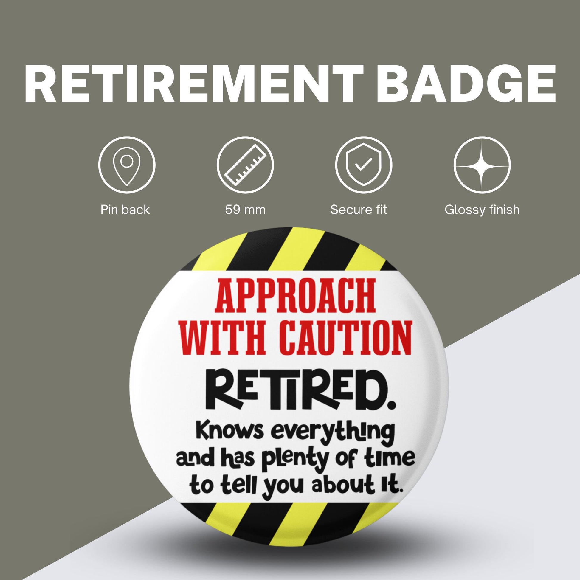 Funny Retirement Badge – Novelty Retirement Party Pin Button Gift shown with a group of friends at a retirement party, emphasising its celebratory nature.