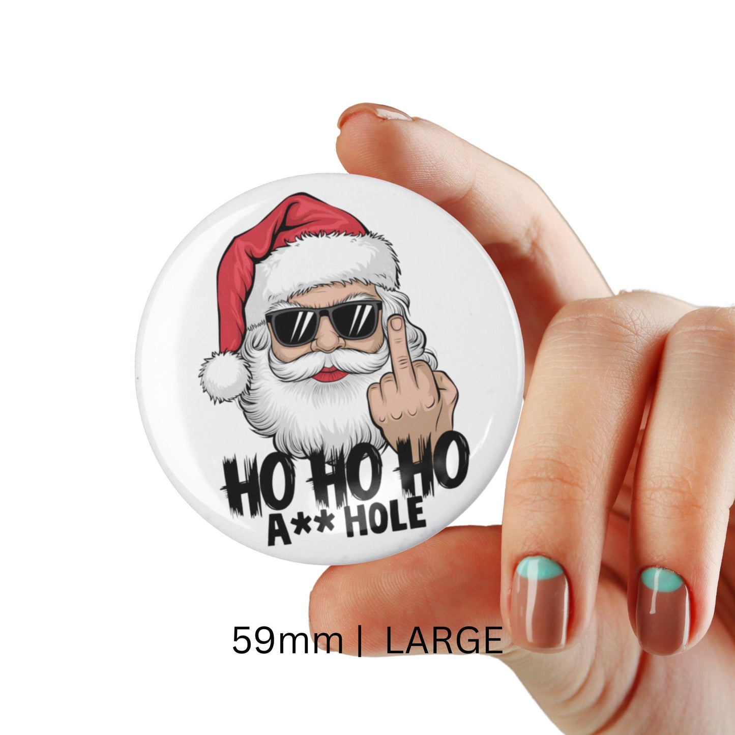 A selection of Rude Christmas Badges featuring funny Santa designs, fun options for cheeky Santa gifts.