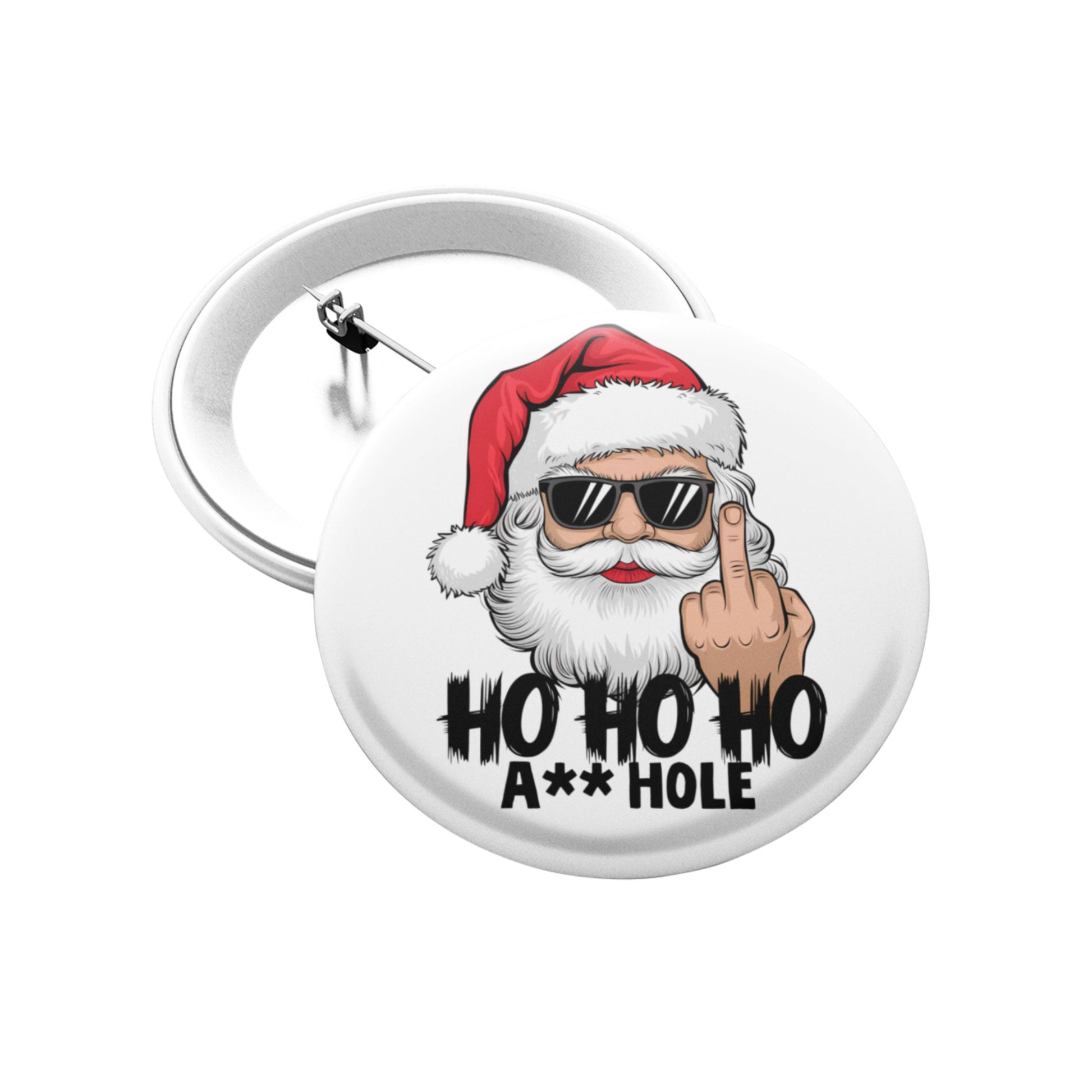 Rude Christmas Badges featuring a funny Santa design, perfect for a cheeky Santa gift for Secret Santa exchanges.