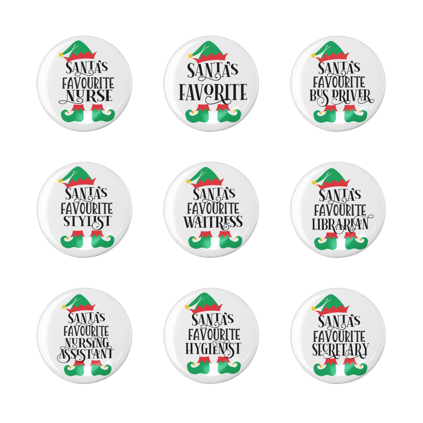 Santa's Favourite Pin collection showcasing various professions like Nurse and Secretary, perfect festive accessory for holiday cheer.
