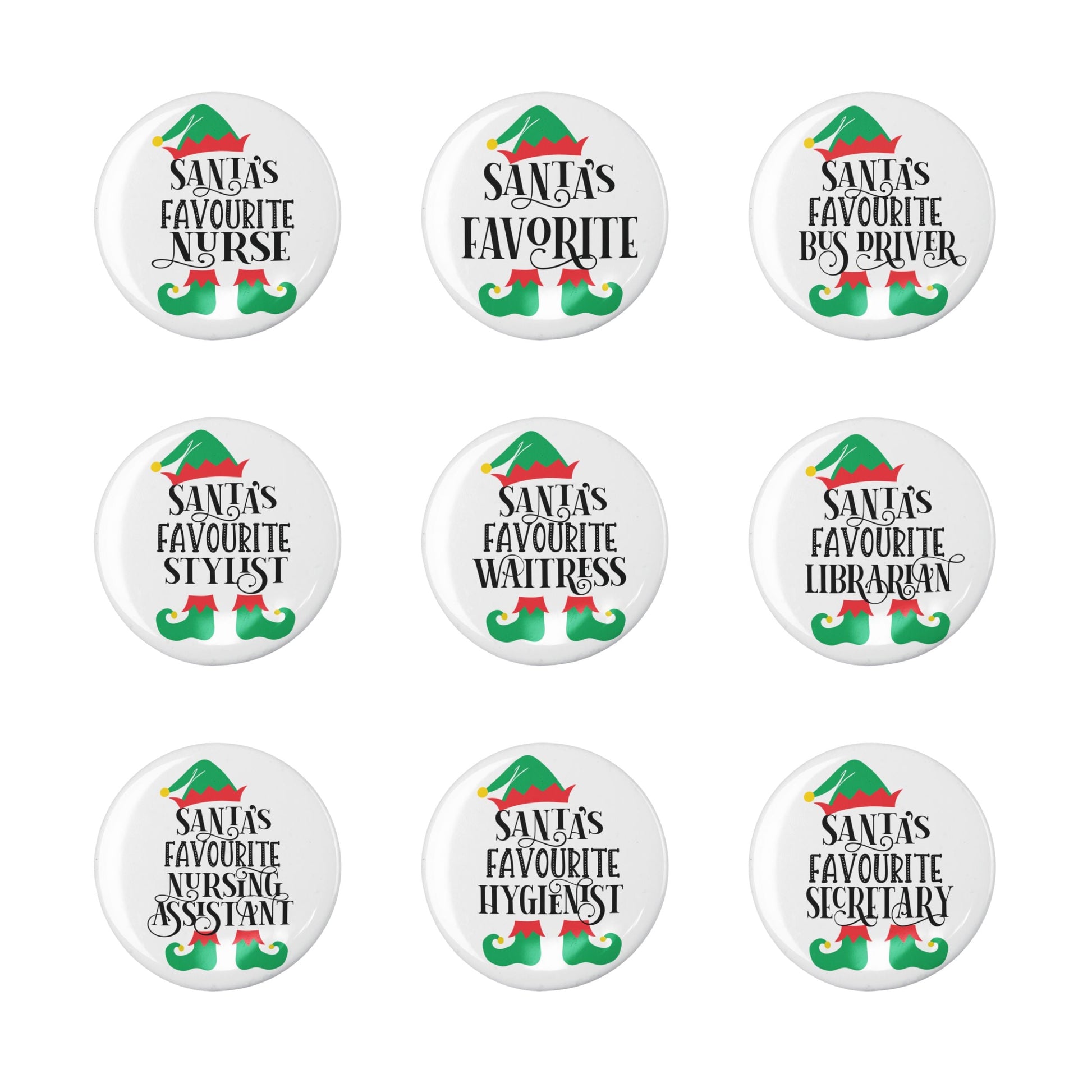 Santa's Favourite Pin collection showcasing various professions like Nurse and Secretary, perfect festive accessory for holiday cheer.