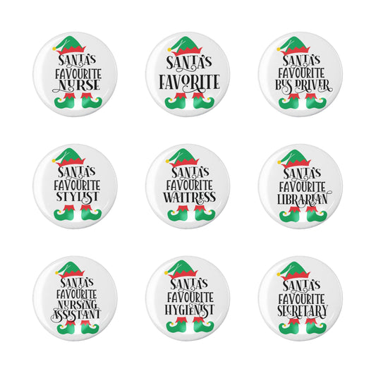 Santa's Favourite Pin collection showcasing various professions like Nurse and Secretary, perfect festive accessory for holiday cheer.