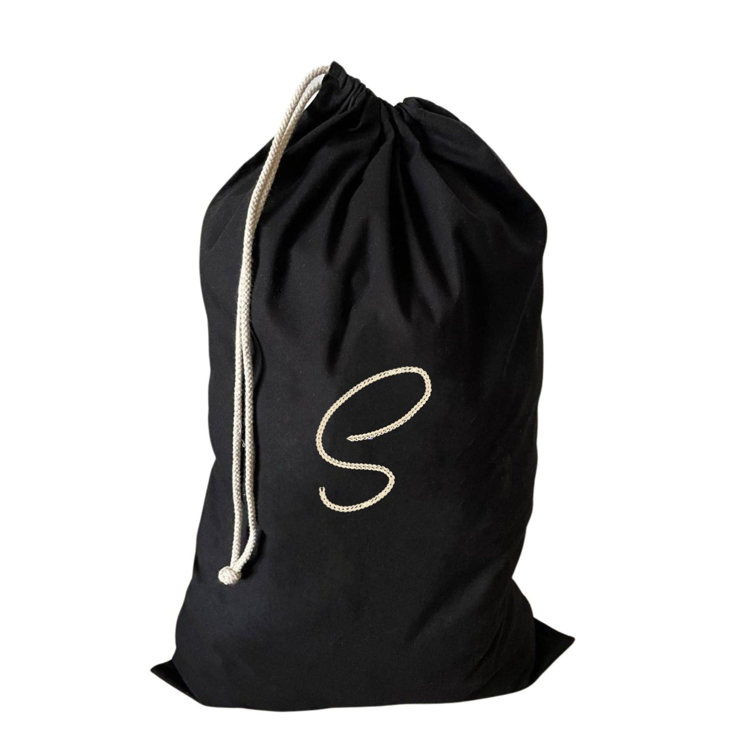 Trendy large drawstring laundry bag showcasing a S embroidery, ideal for busy households.