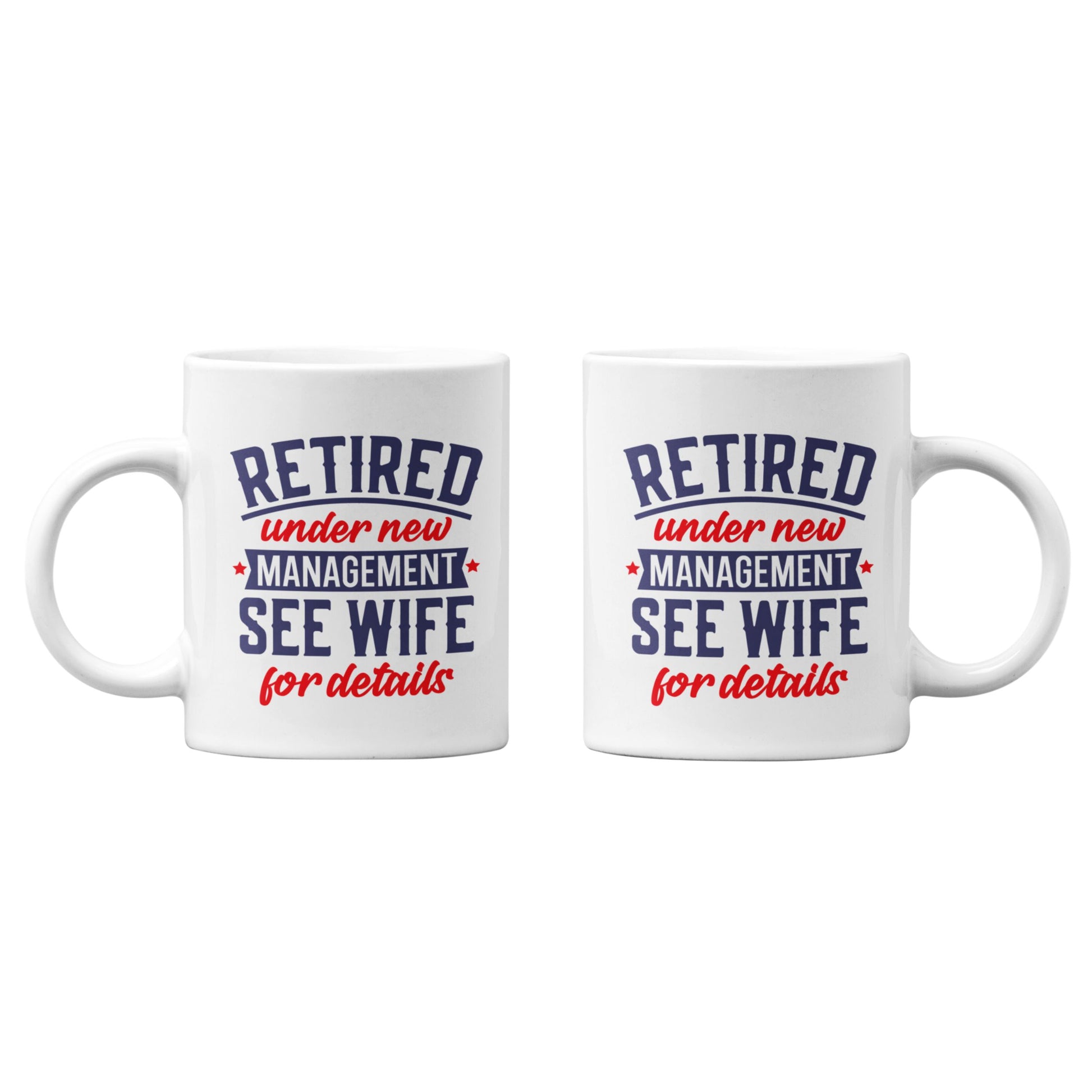 Pair of Happy Retirement Coffee Mugs 2025 showcasing the quirky saying, perfect for friends seeking gifts for retiring colleagues.