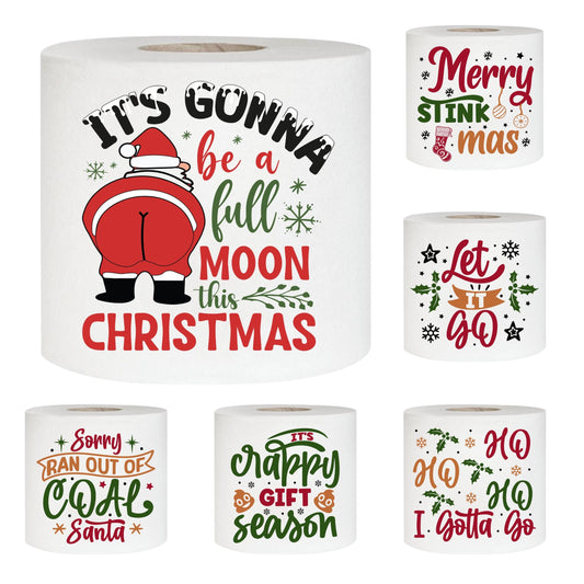 Funny Christmas Printed Toilet Paper featuring Santa's rear with the text 'IT'S GONNA be a full MOON this CHRISTMAS' - a perfect festive decor item and unique stocking stuffer ideas.