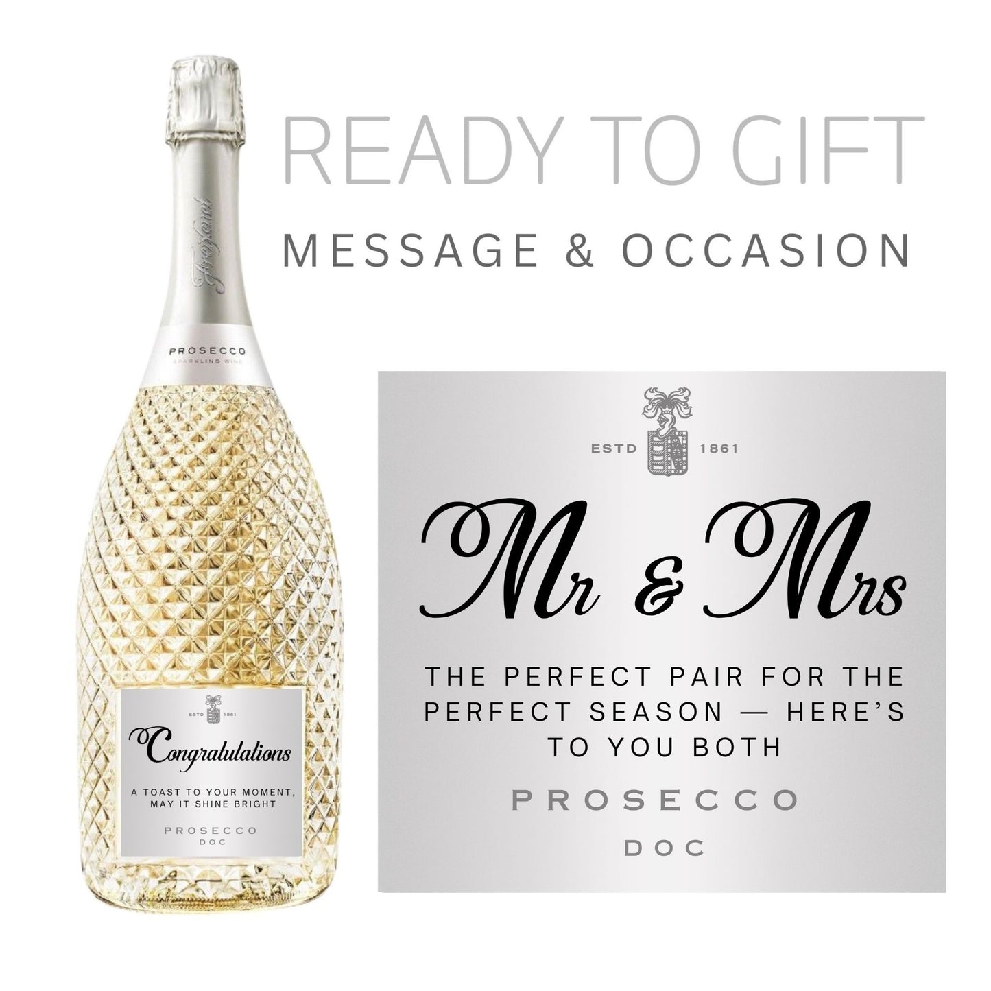 Prosecco bottle featuring a 'Perfect Pair' sticker - lovely prosecco gift stickers for special celebrations.