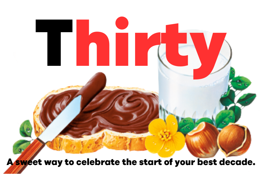 Custom Nutella jar label saying 'Thirty' with cheerful Nutella illustrations.