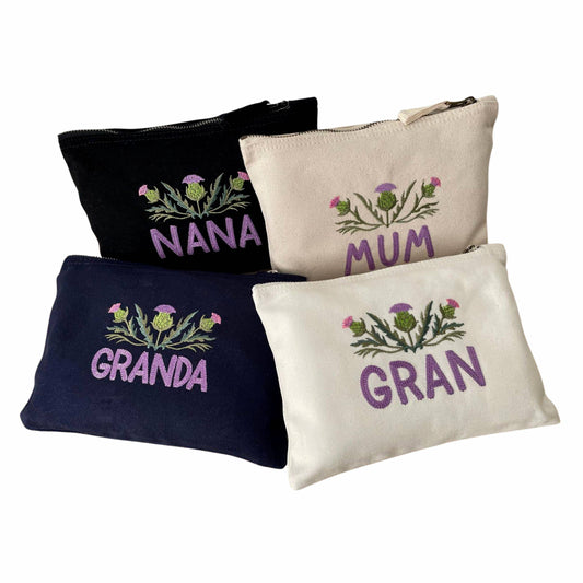 Custom Scottish Thistle Gift Zipper Pouch featuring vintage embroidery with options for Mum, Nana, Gran, and Granda. Perfect for a Scottish thistle gift.