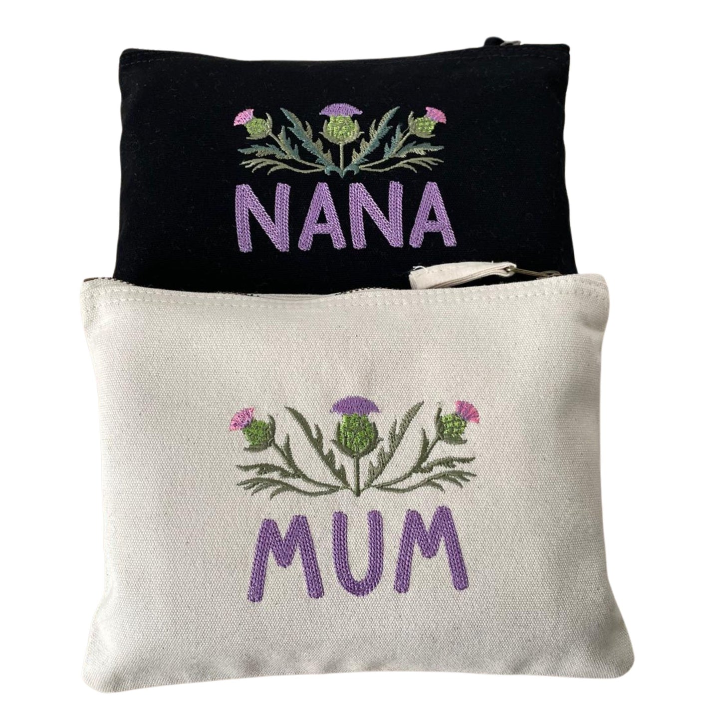 Combination of Custom Scottish Thistle Gift Zipper Pouches featuring 'MUM' and 'NANA' embroidery, ideal Scottish thistle gifts.