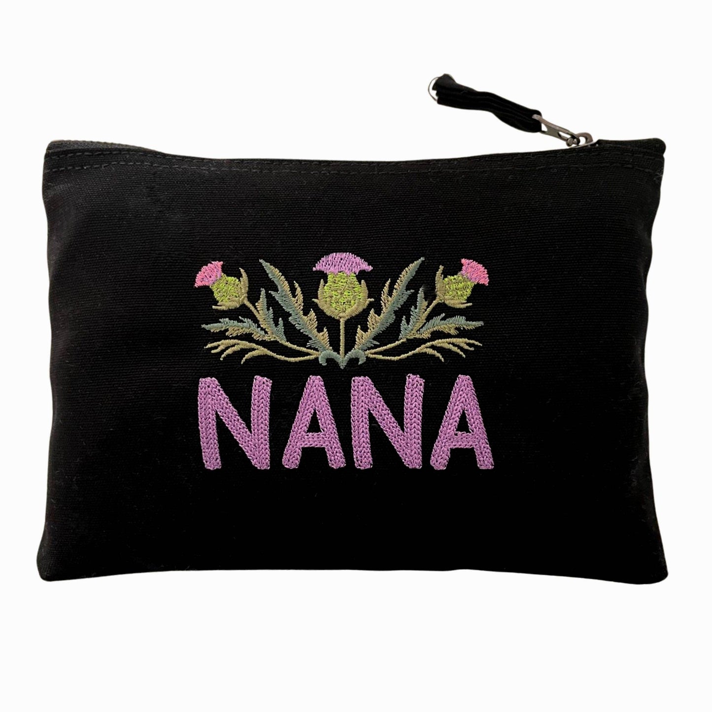 Black Custom Scottish Thistle Gift Zipper Pouch with 'NANA' embroidery. A lovely Scottish thistle gift for grandmothers.