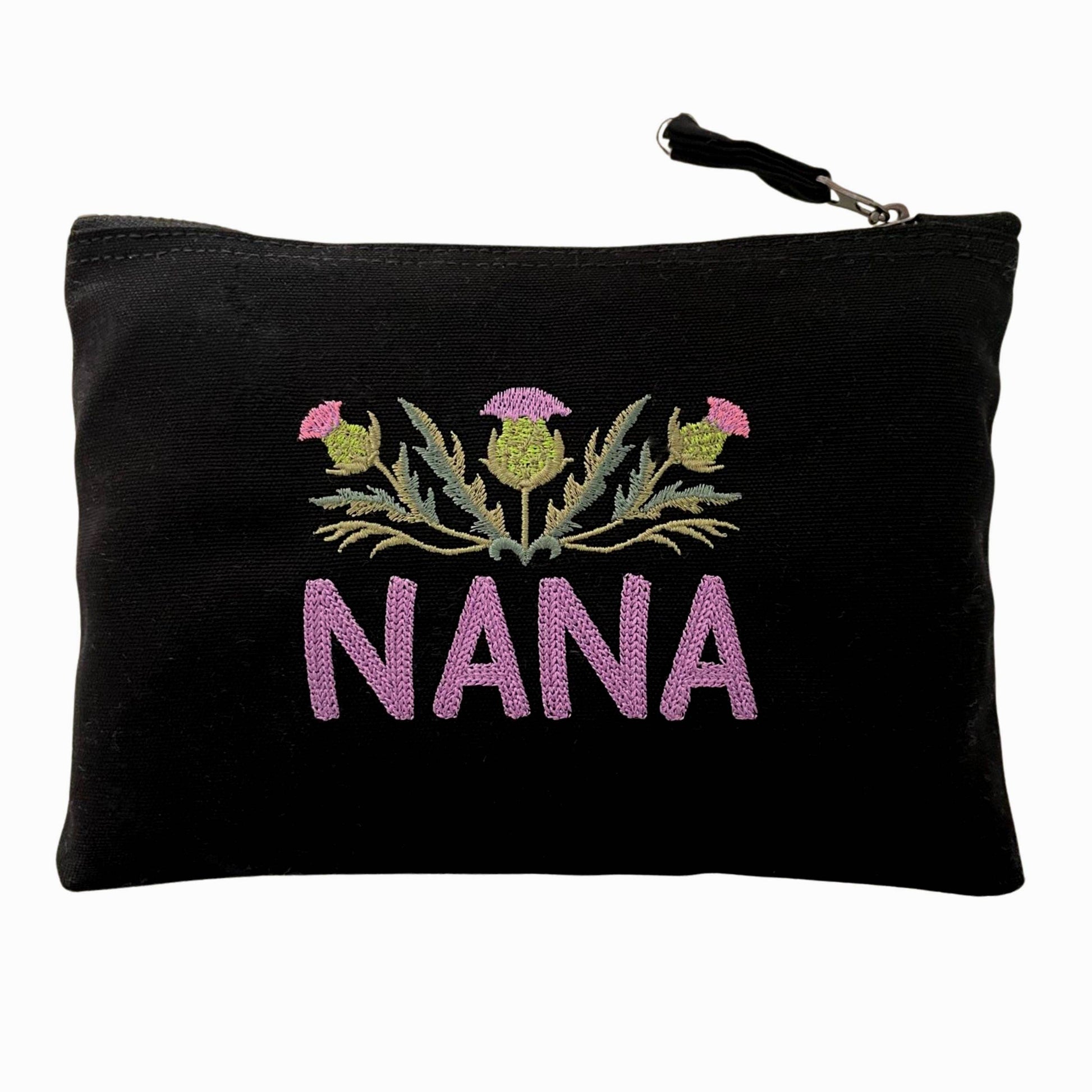 Black Custom Scottish Thistle Gift Zipper Pouch with 'NANA' embroidery. A lovely Scottish thistle gift for grandmothers.