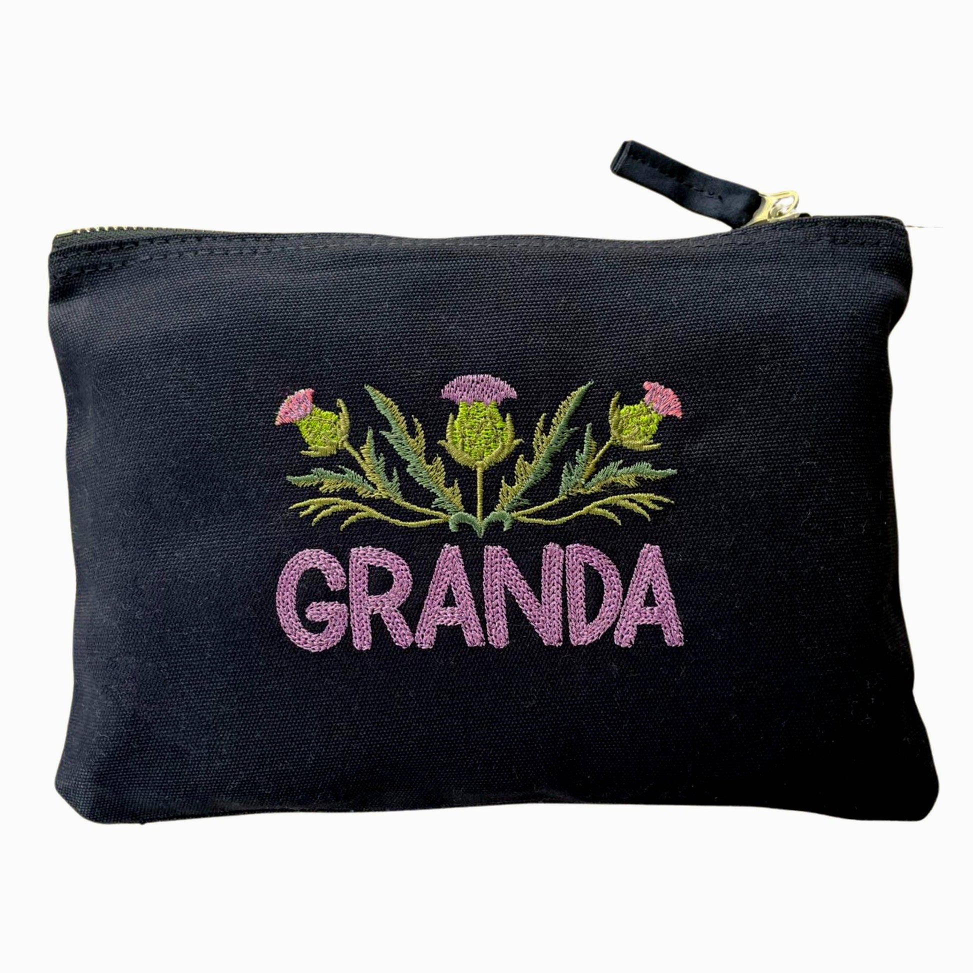 Black Custom Scottish Thistle Gift Zipper Pouch embroidered with 'GRANDA'. A thoughtful Scottish thistle gift for grandfathers.