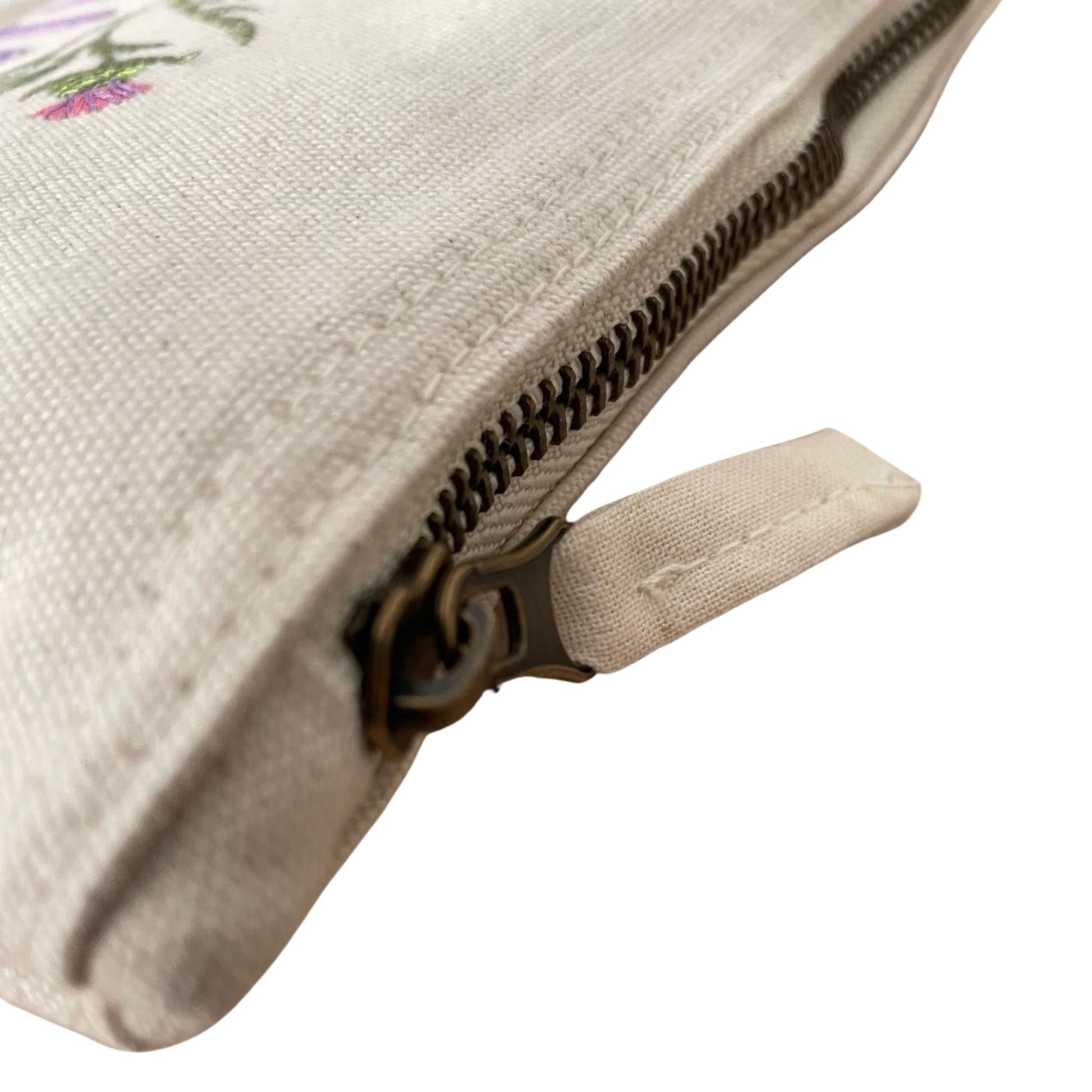 Detail of zipper on Custom Scottish Thistle Gift Zipper Pouch, showcasing craftsmanship in this Scottish thistle gift.