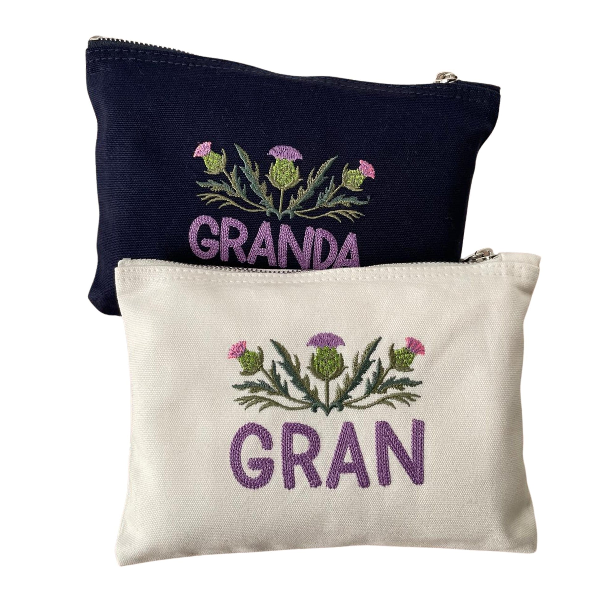 Two Custom Scottish Thistle Gift Zipper Pouches featuring 'GRAND' and 'GRAN' embroidery. Perfect Scottish thistle gifts for family.