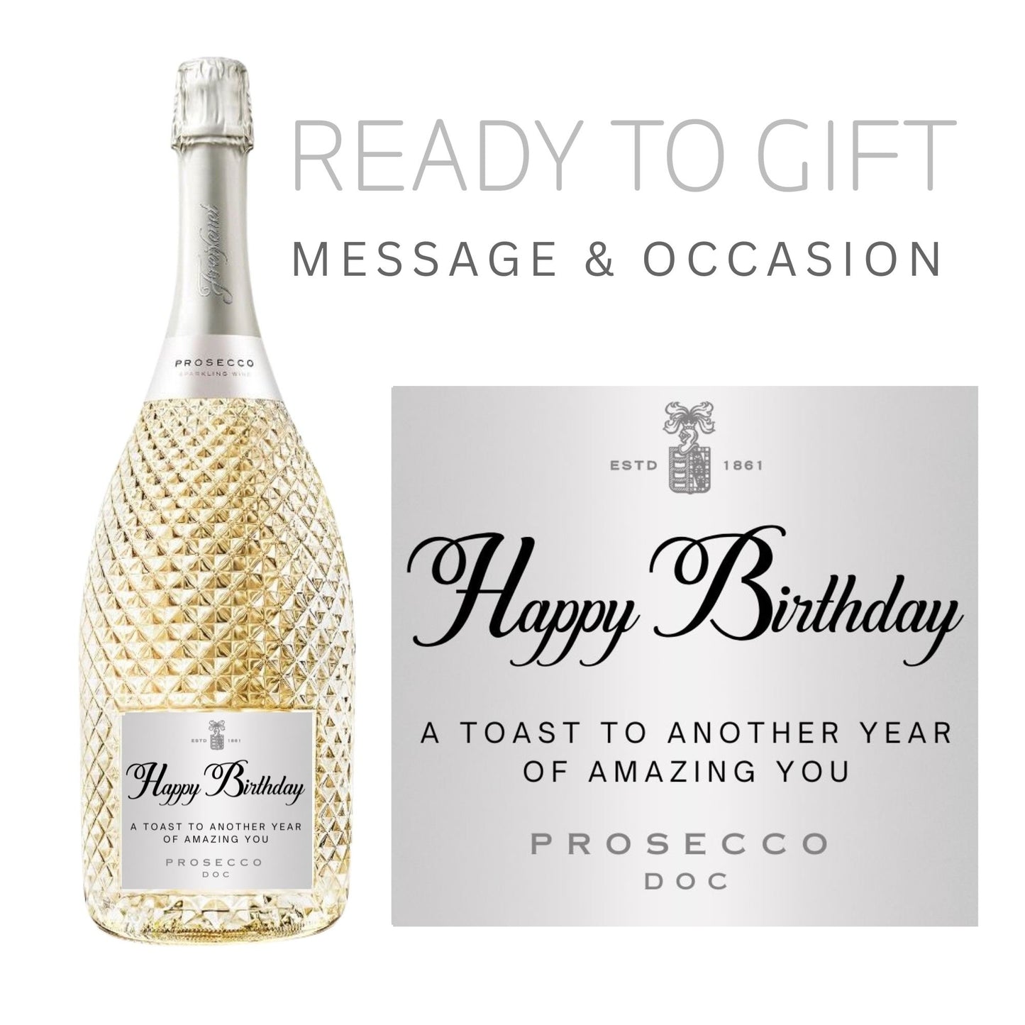 Beautiful prosecco bottle featuring a label saying 'Happy Birthday - A Toast to Another Year of Amazing You', ideal for unique prosecco gifts.