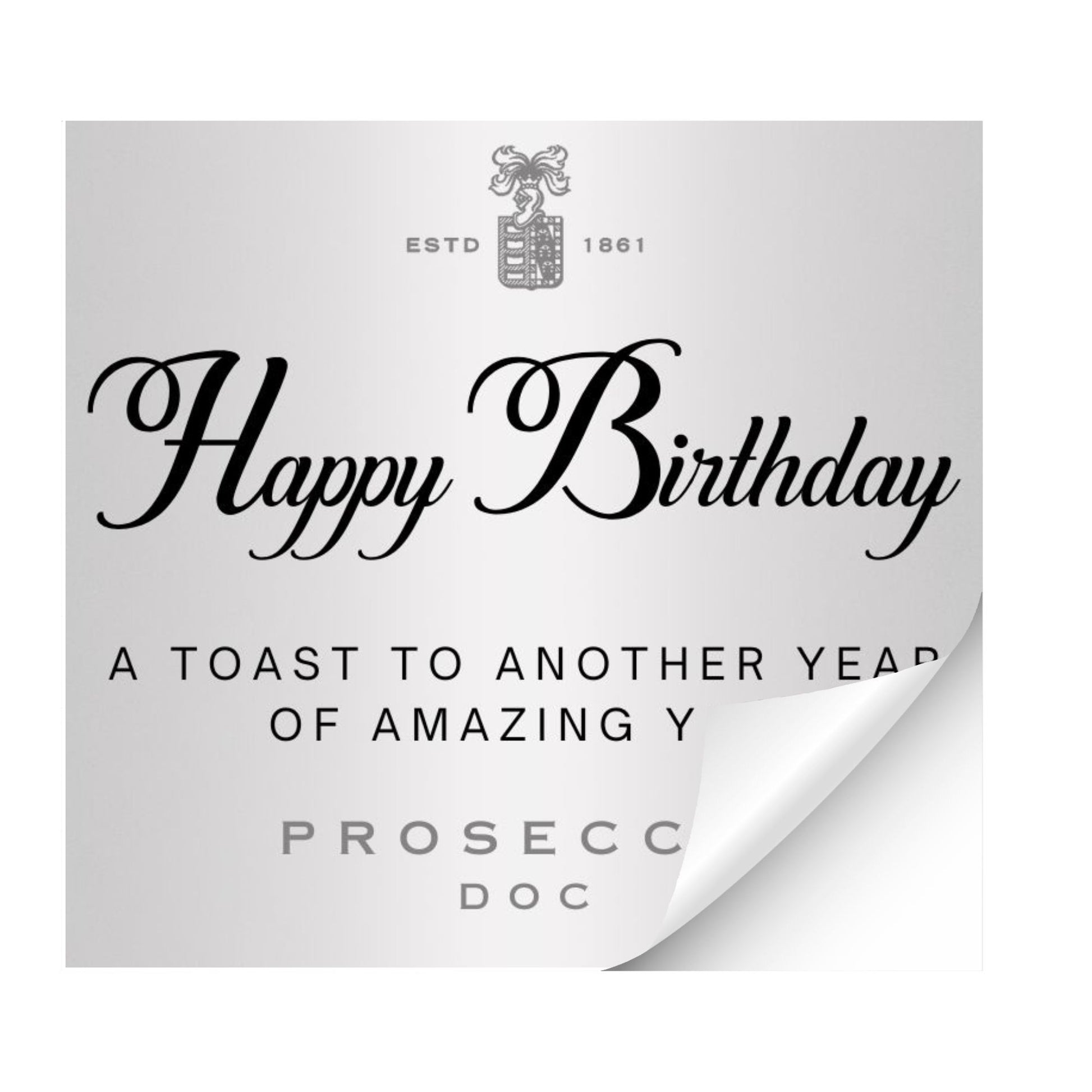 Stylish birthday wine sticker proclaiming 'Happy Birthday - A Toast to Another Year of Amazing You', part of unique prosecco gifts.