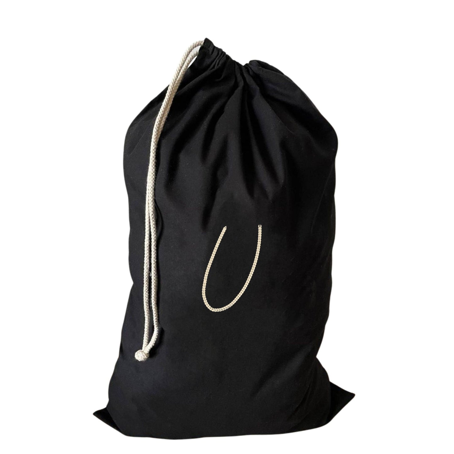 Sleek large drawstring laundry bag featuring a U monogram, perfect for laundry and more.