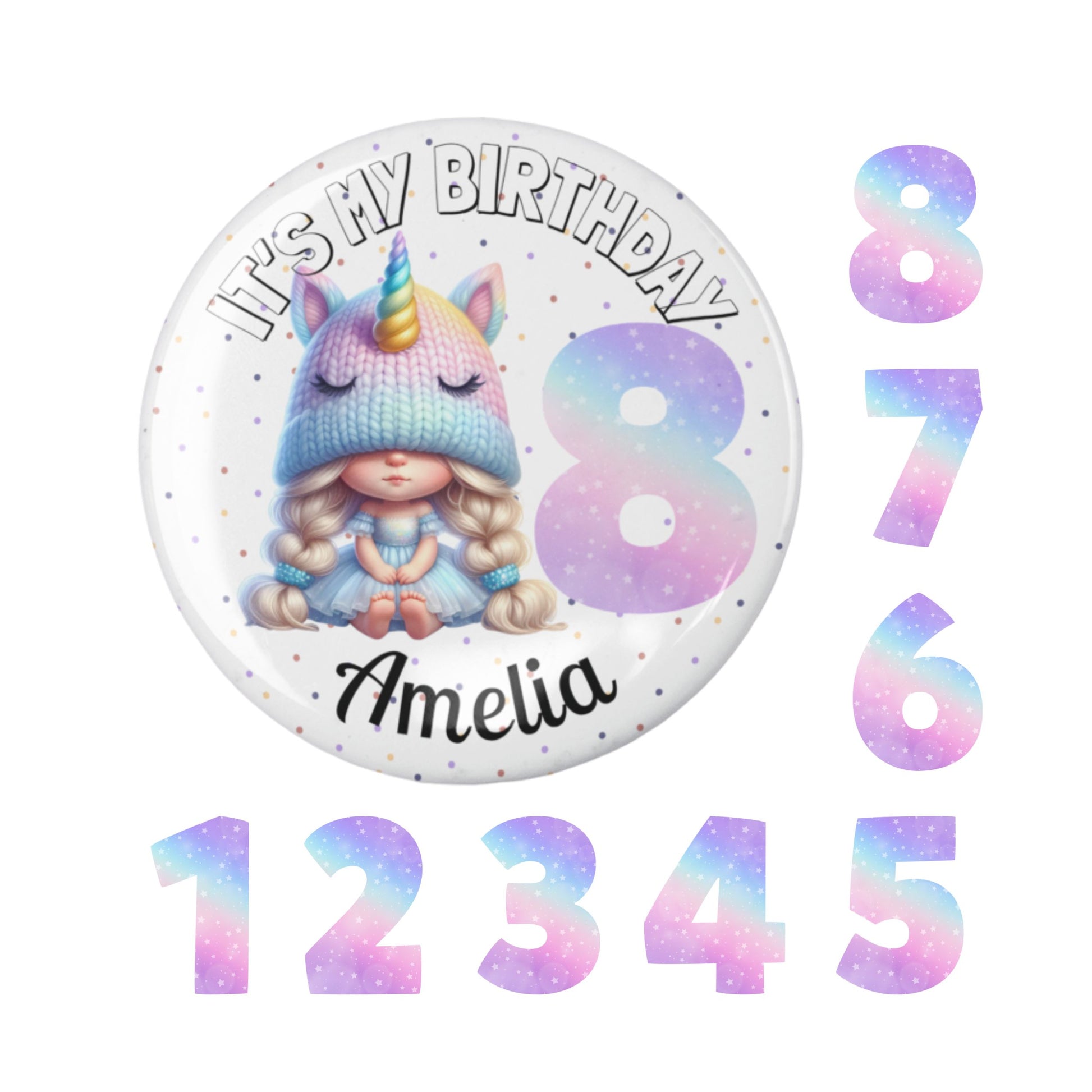 Round birthday badge with unicorn-themed design and numbers on a white background