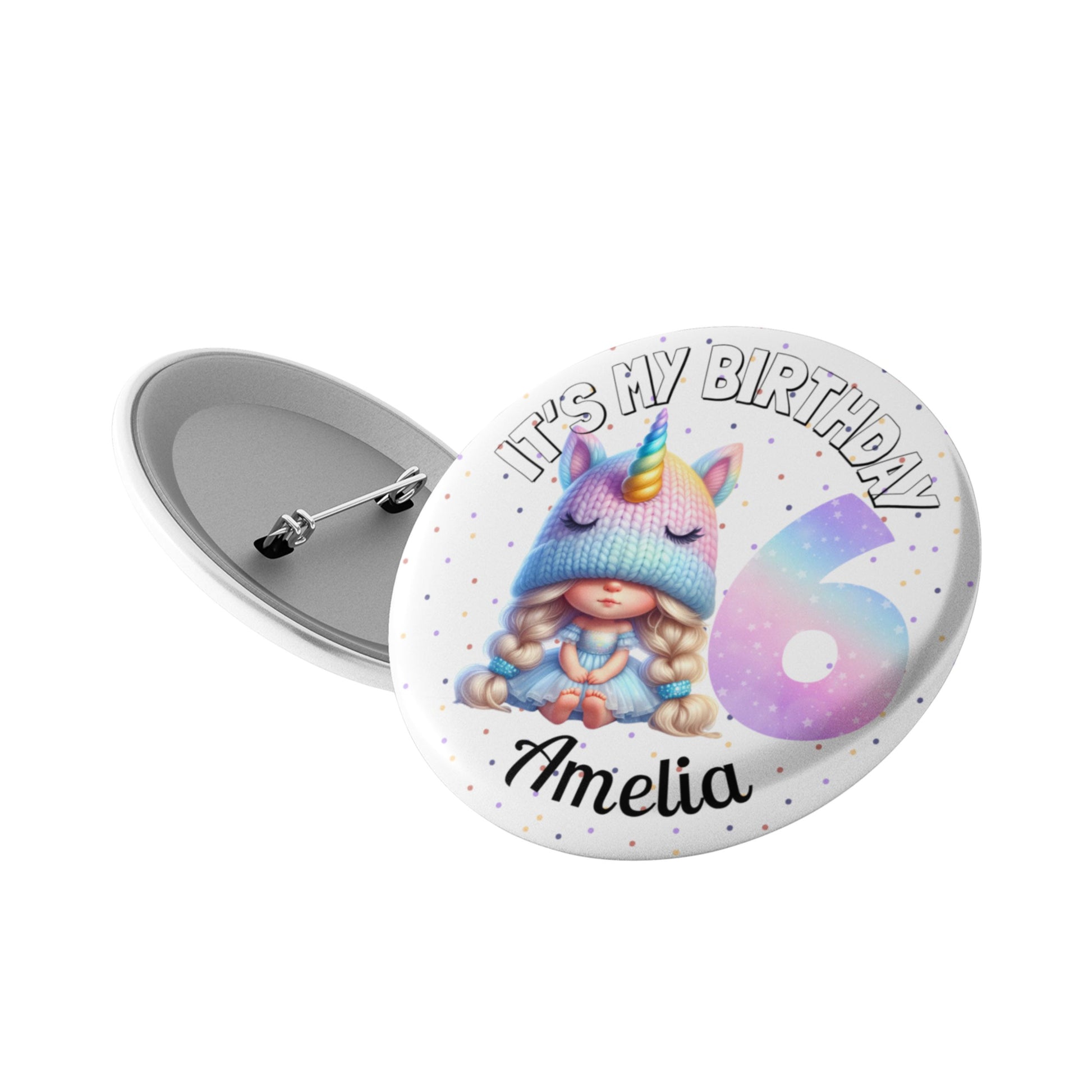 Button badge with a unicorn-themed design and text 'It's My Birthday Amelia' on a white background