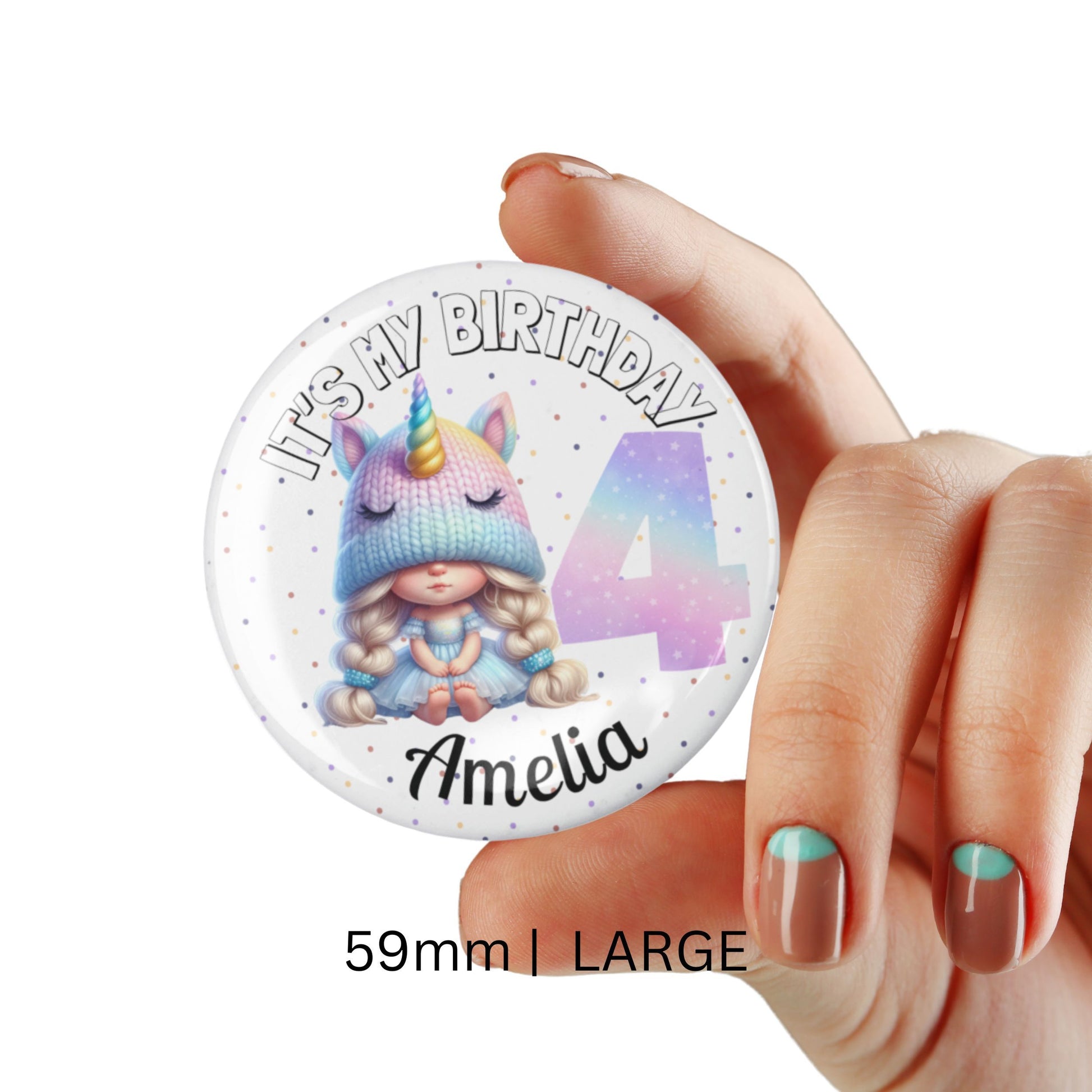 Circular badge with unicorn-themed design held by a hand