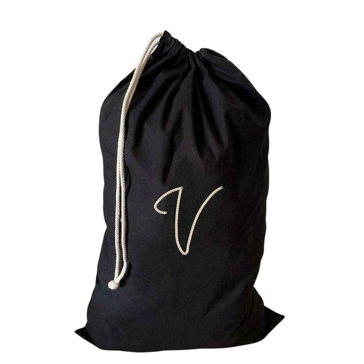 Unique large drawstring laundry bag with a V embroidery, great for gym or laundry use.