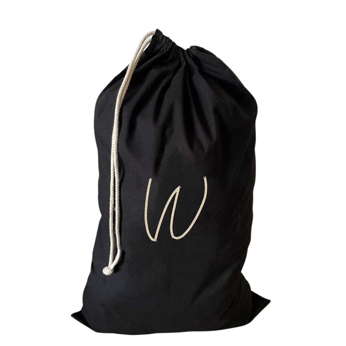 Excellent large drawstring laundry bag showcasing a W initial, ideal for stylish laundry storage.