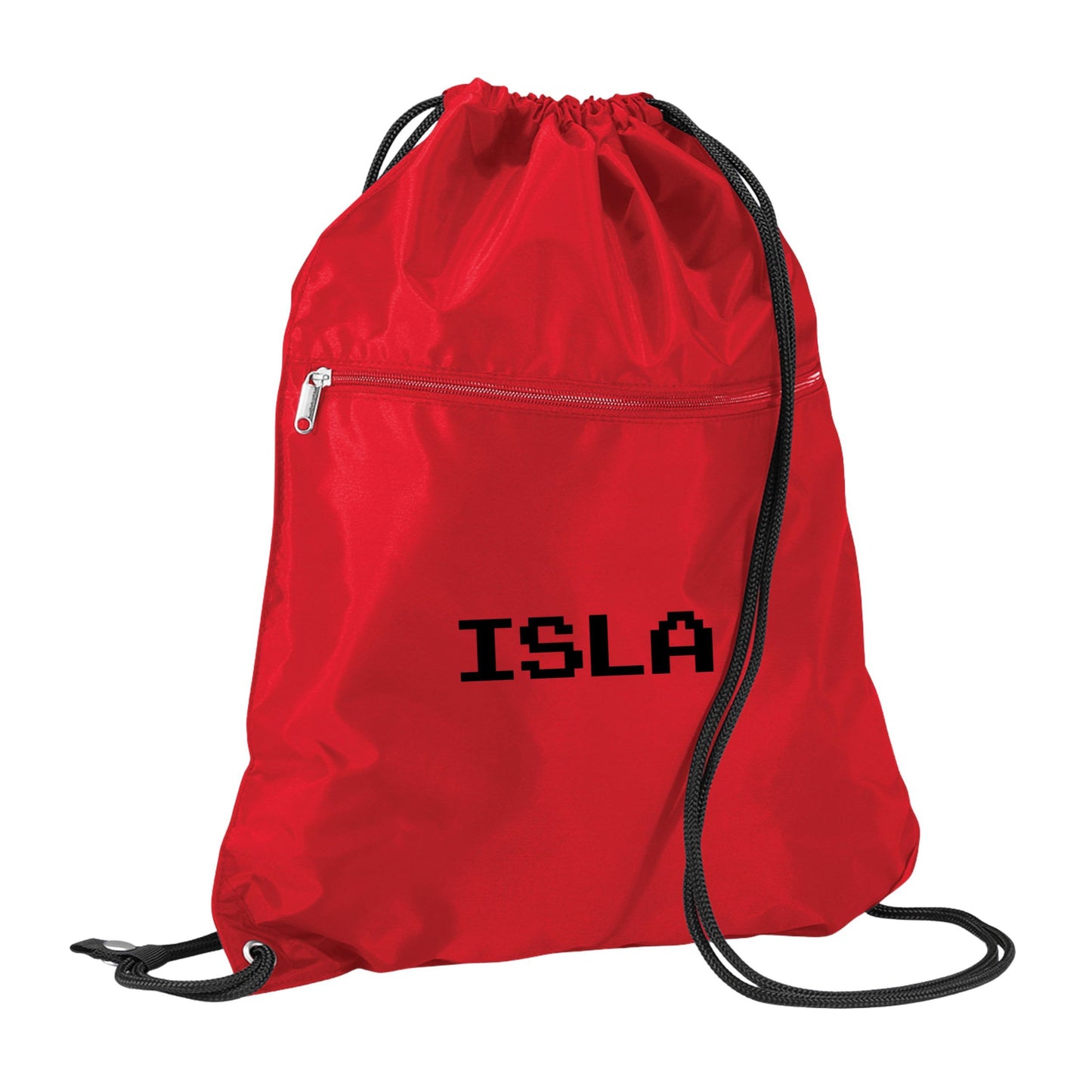 Red drawstring bag with 'ISLA' printed on it against a white background