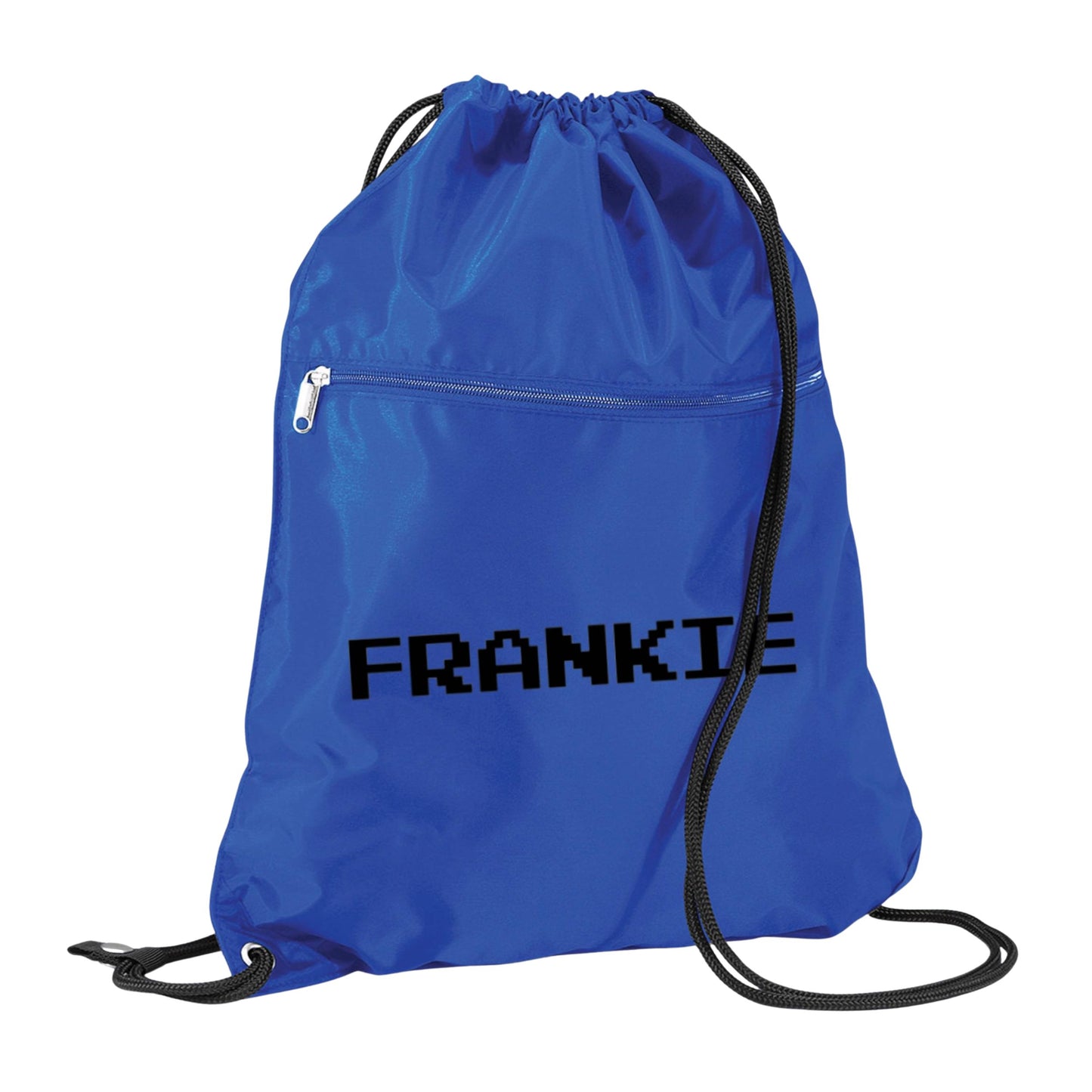 Blue drawstring bag with 'FRANKIE' printed on it against a white background