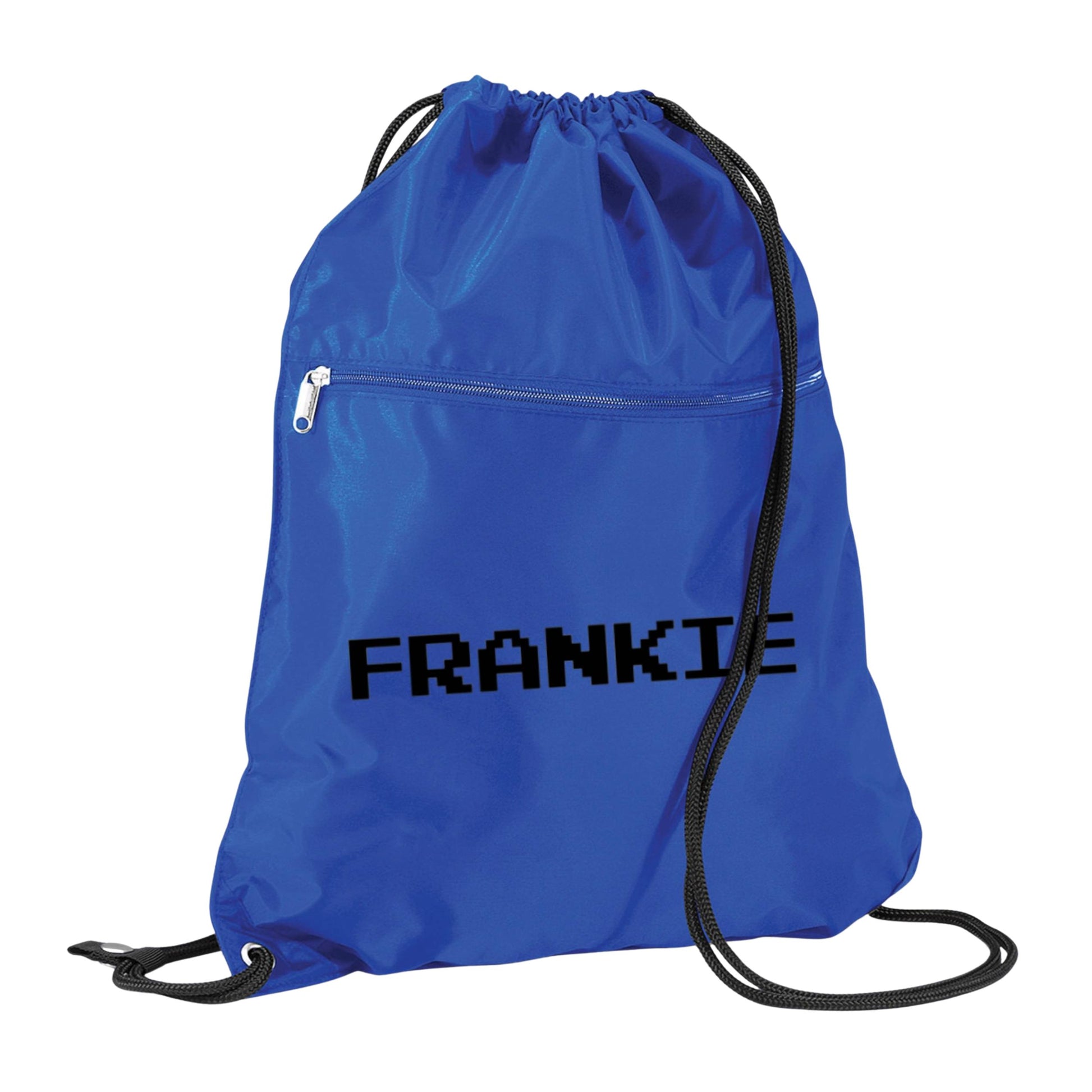 Blue drawstring bag with 'FRANKIE' printed on it against a white background