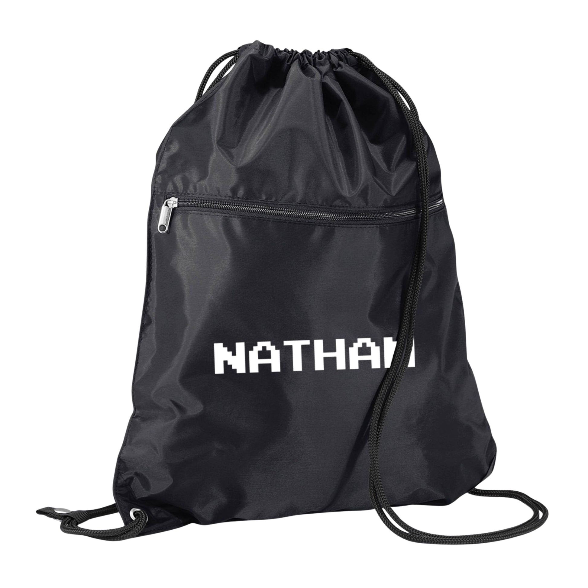 Black drawstring bag with 'Nathan' branding on a white background