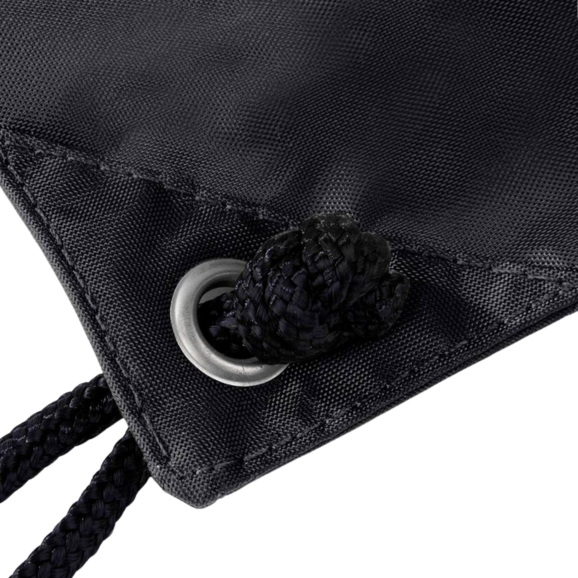 Close-up of a black drawstring bag with a metal grommet on a white background