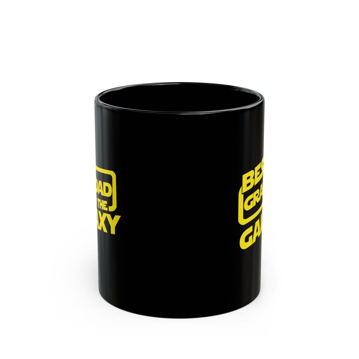Black grandad gift mug showing yellow galaxy themed design