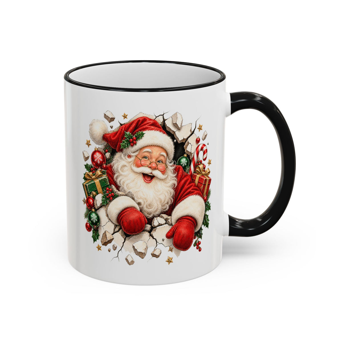 A white ceramic coffee mug with a black handle and black rim, featuring a graphic illustration of Santa Claus bursting through a cracked wall with gifts and holiday decorations.
