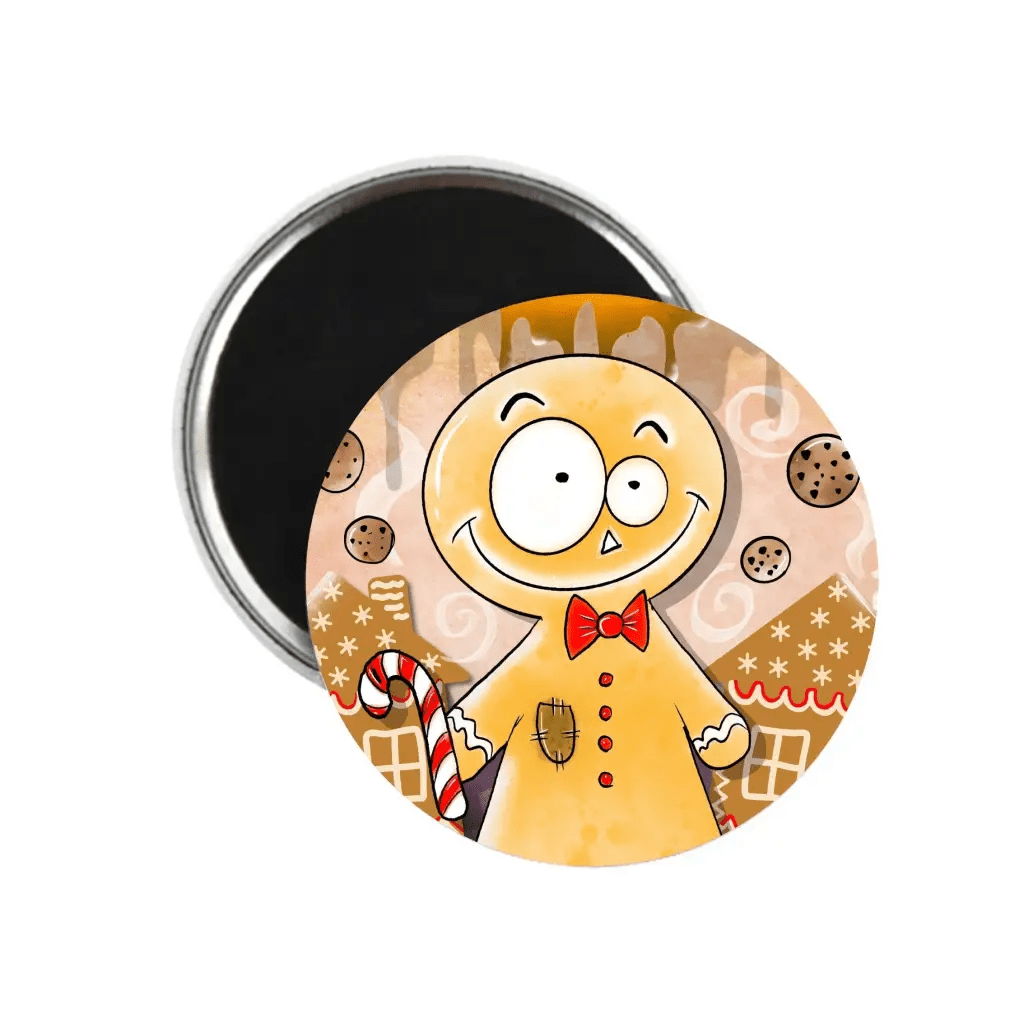 Cheerful gingerbread man decor fridge magnet featuring a playful design with a bow tie, candy cane, and festive cookies, perfect for holiday kitchen display.