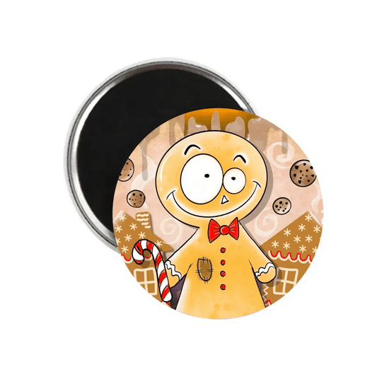 Cheerful gingerbread man decor fridge magnet featuring a playful design with a bow tie, candy cane, and festive cookies, perfect for holiday kitchen display.