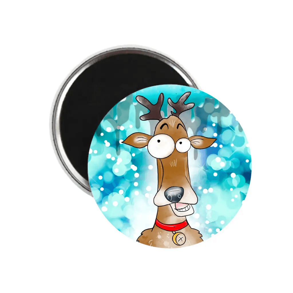 Whimsical reindeer fridge magnet featuring a funny design, perfect for adding festive cheer to your kitchen during the holiday season.