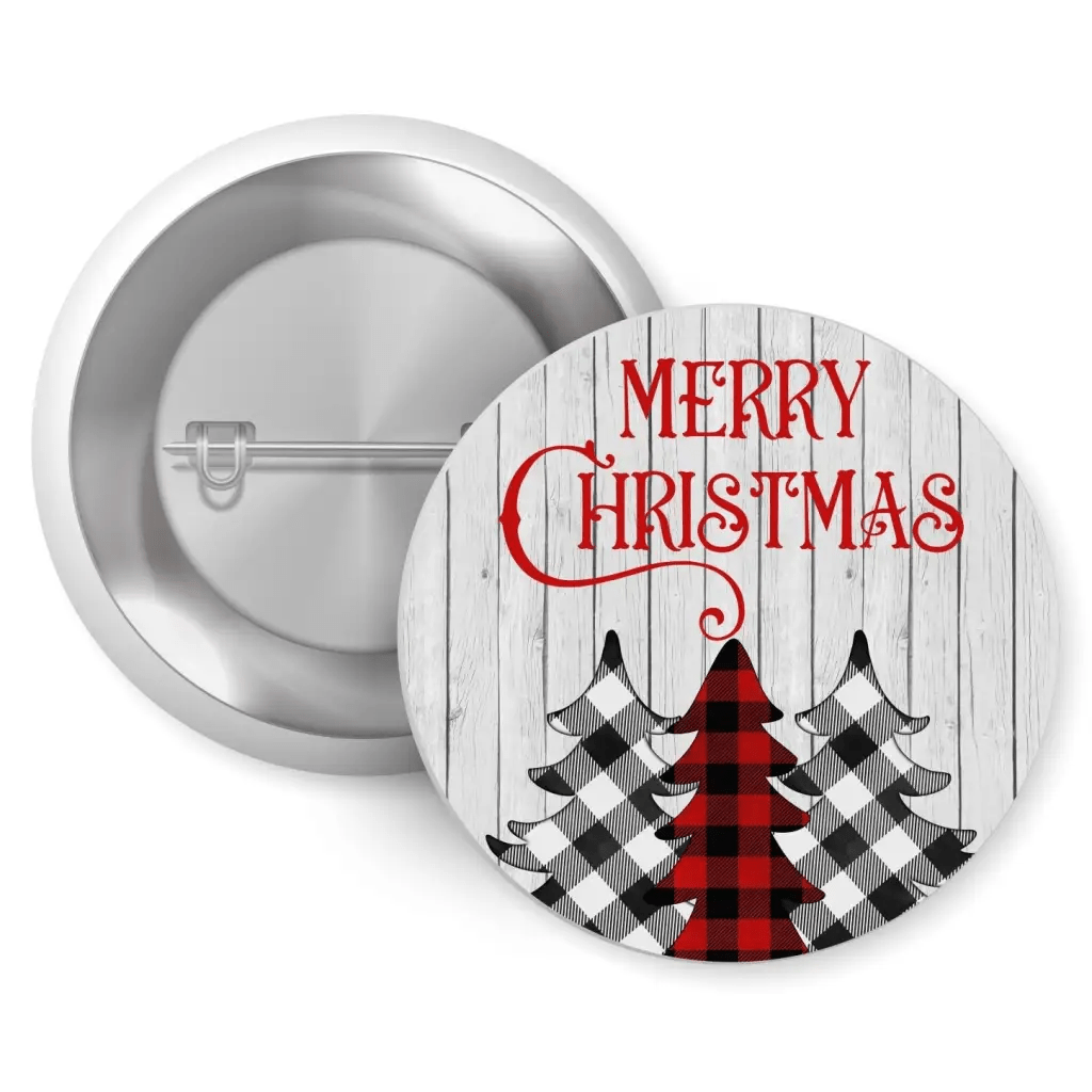 Merry Christmas pin featuring festive plaid trees and a rustic wood background, perfect accessory for the holiday season.
