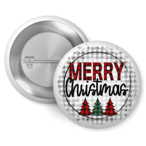 Merry Christmas badge pin featuring festive trees in red and green plaid, perfect for adding holiday cheer. This 1-inch (25mm) pin is ideal for Christmas celebrations.