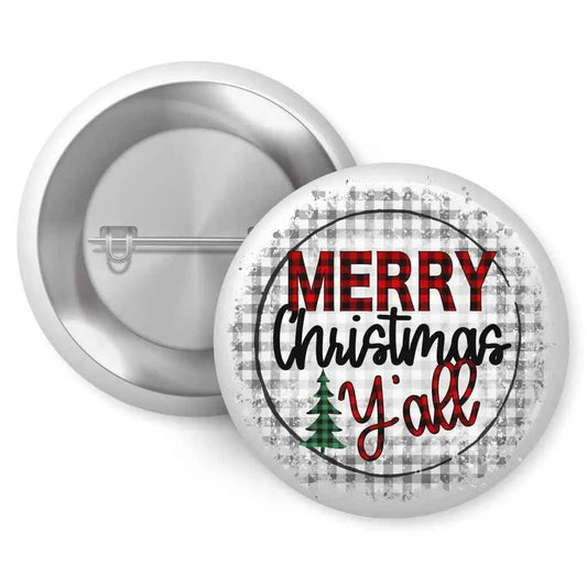 Merry Christmas Y'all Christmas Pin Badge - Festive Trees in Buffalo Plaid 1in 25mm