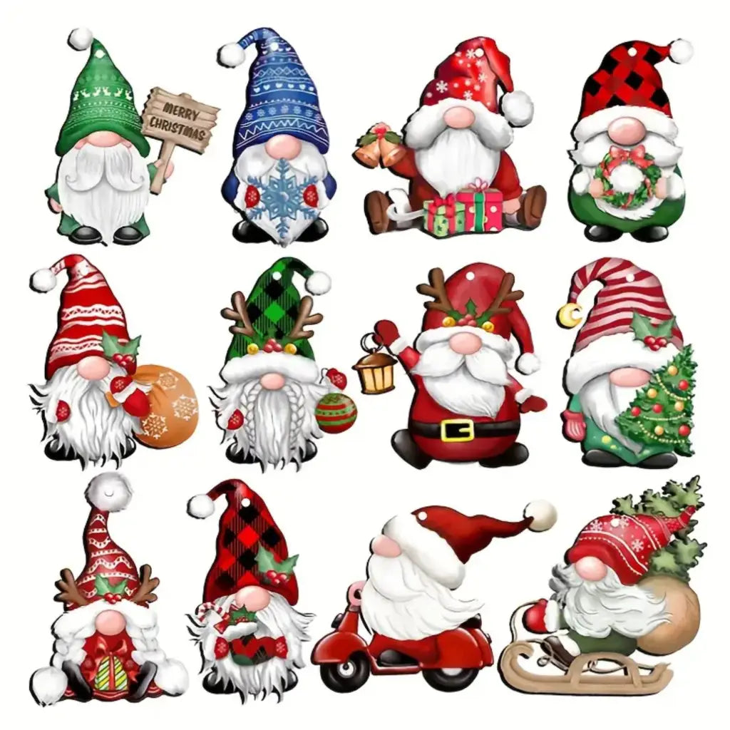 EMU Works - Set of 12 Christmas Wooden Gnome Santa Ornaments