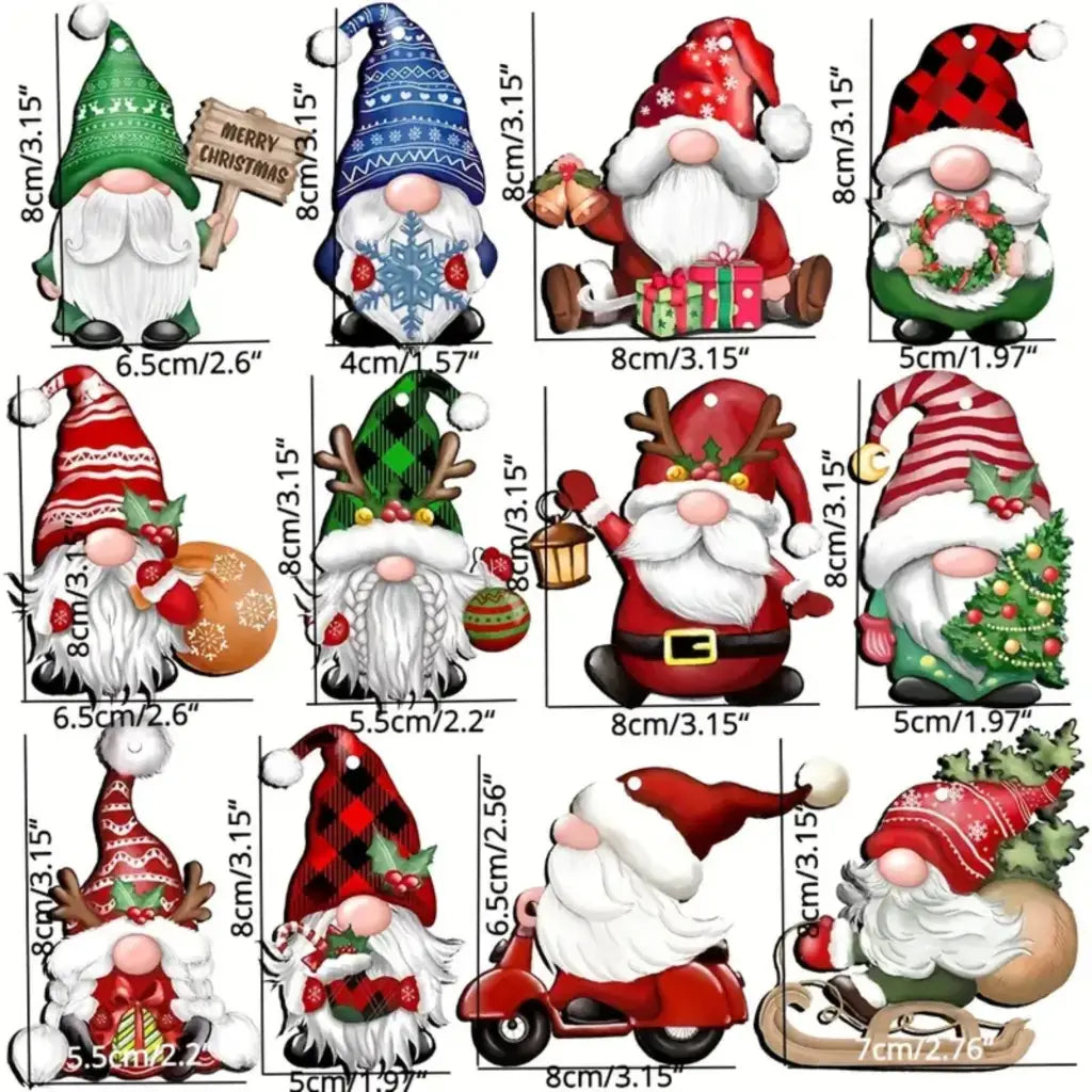 EMU Works - Set of 12 Christmas Wooden Gnome Santa Ornaments