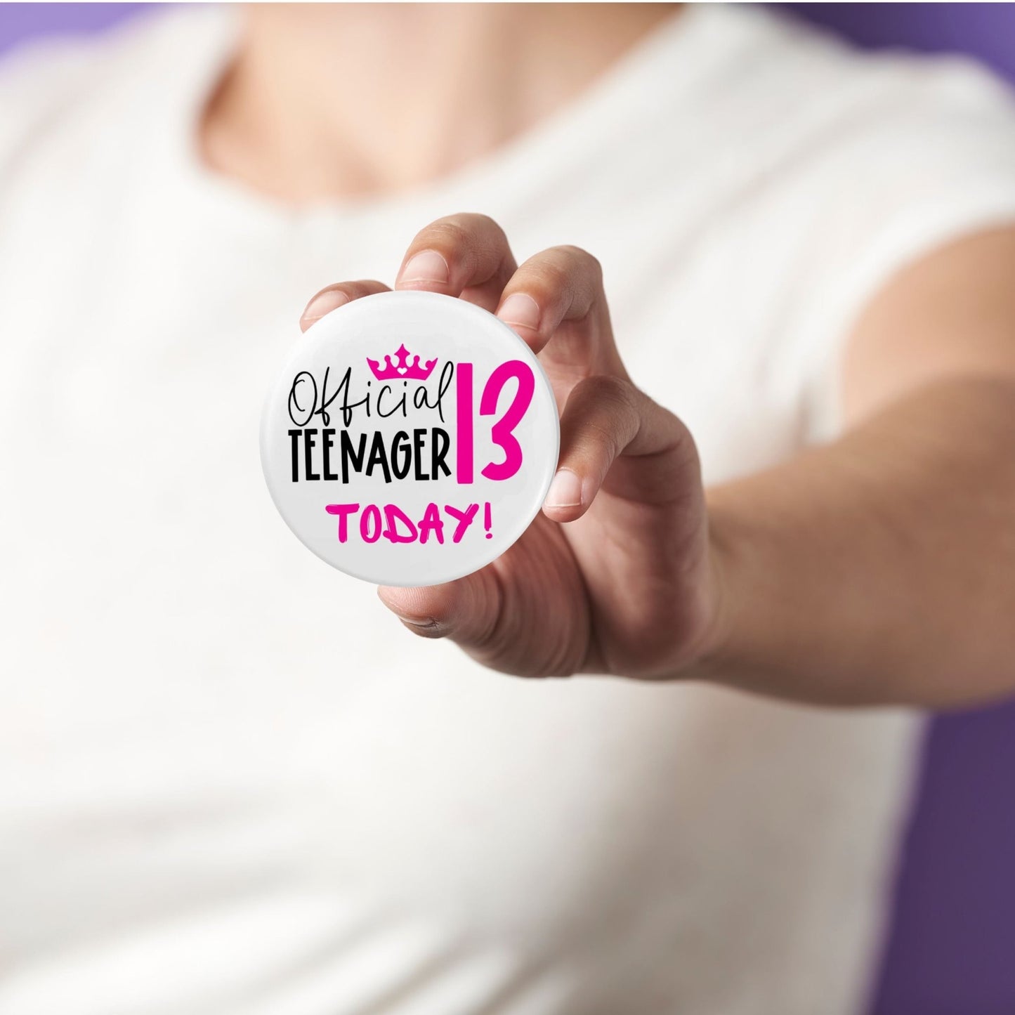 Official 13th Birthday Badge - Fun Pink Teenager Accessory for Celebrations - EMU Works