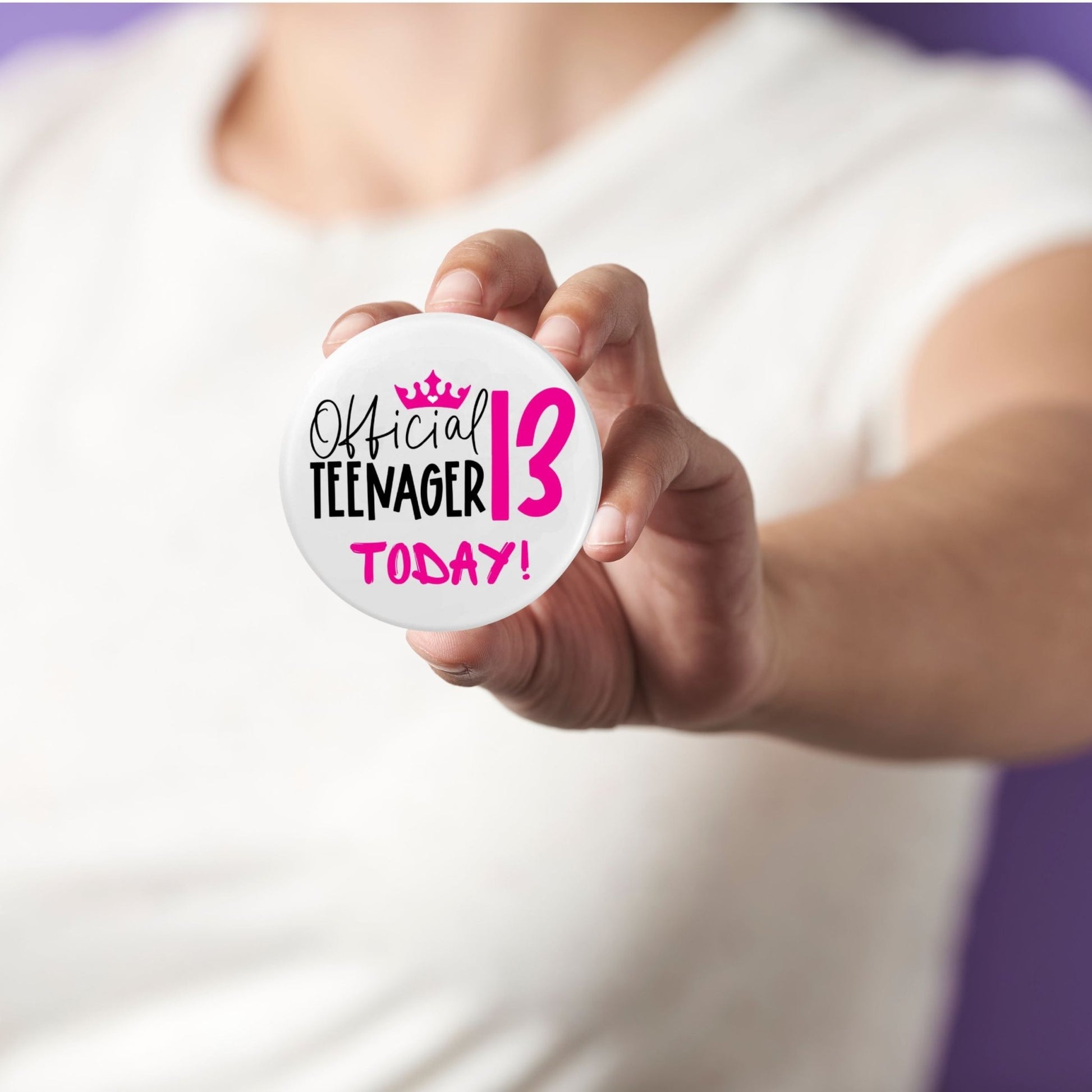 Official 13th Birthday Badge - Fun Pink Teenager Accessory for Celebrations - EMU Works