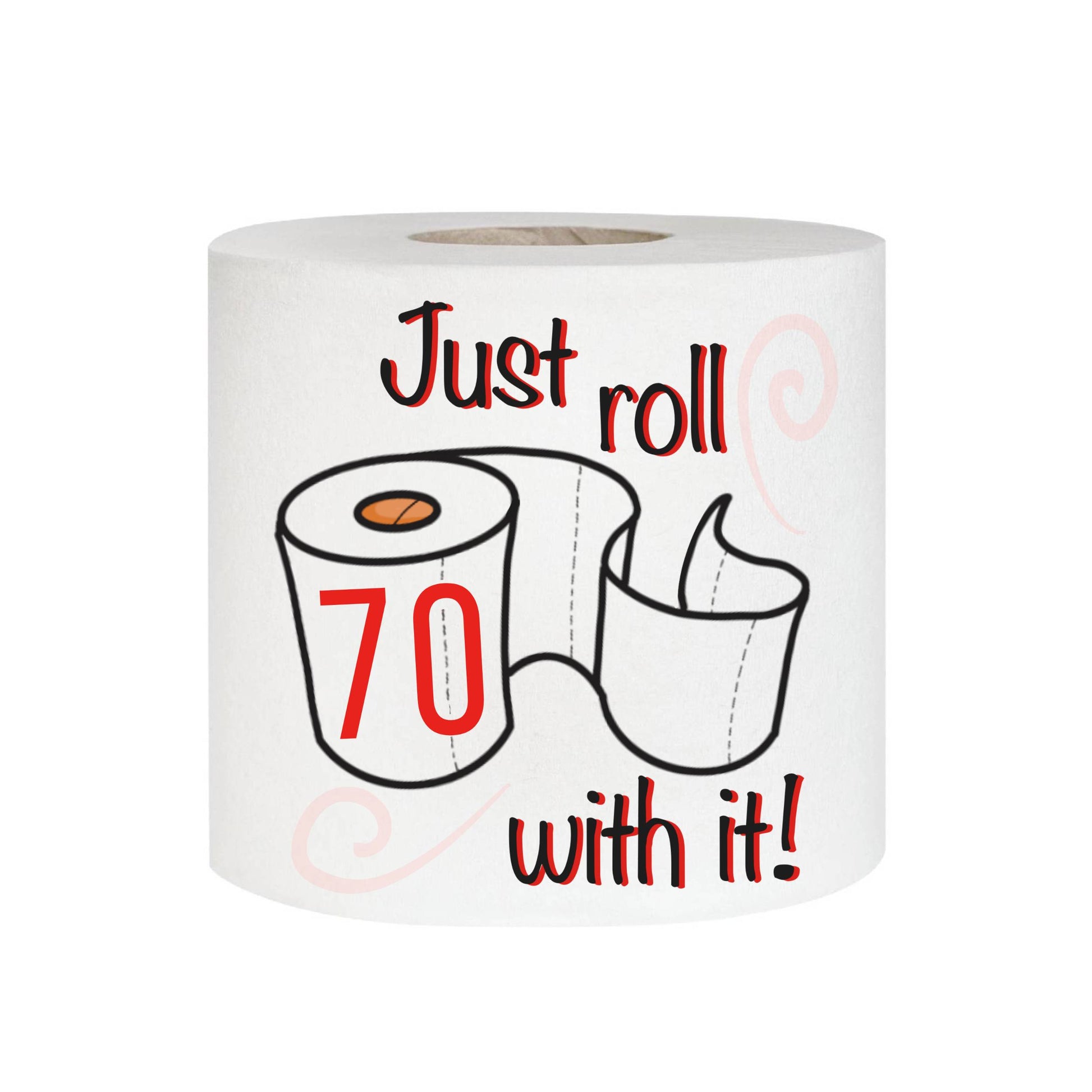 Roll of toilet paper with humorous text on a white background