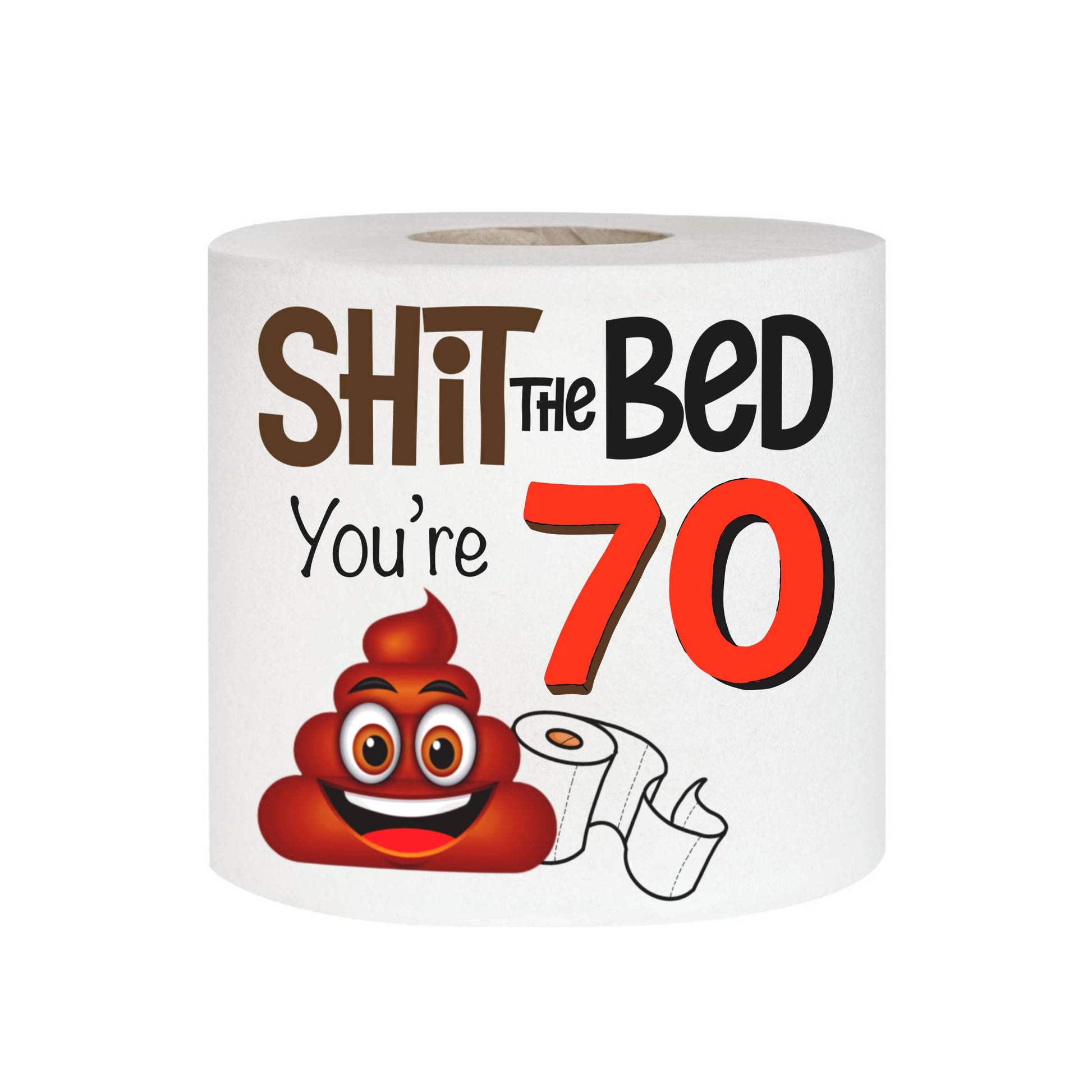 Roll of toilet paper with humorous text and emoji on a white background